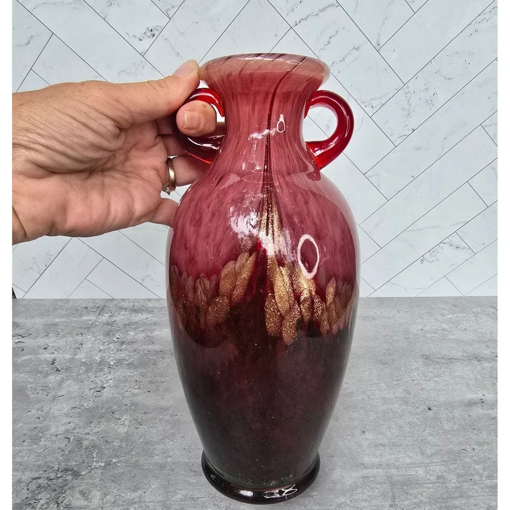 Hand Blown Double Handle Amphora Art Glass Vase Red Gold Green Aventurine 10in